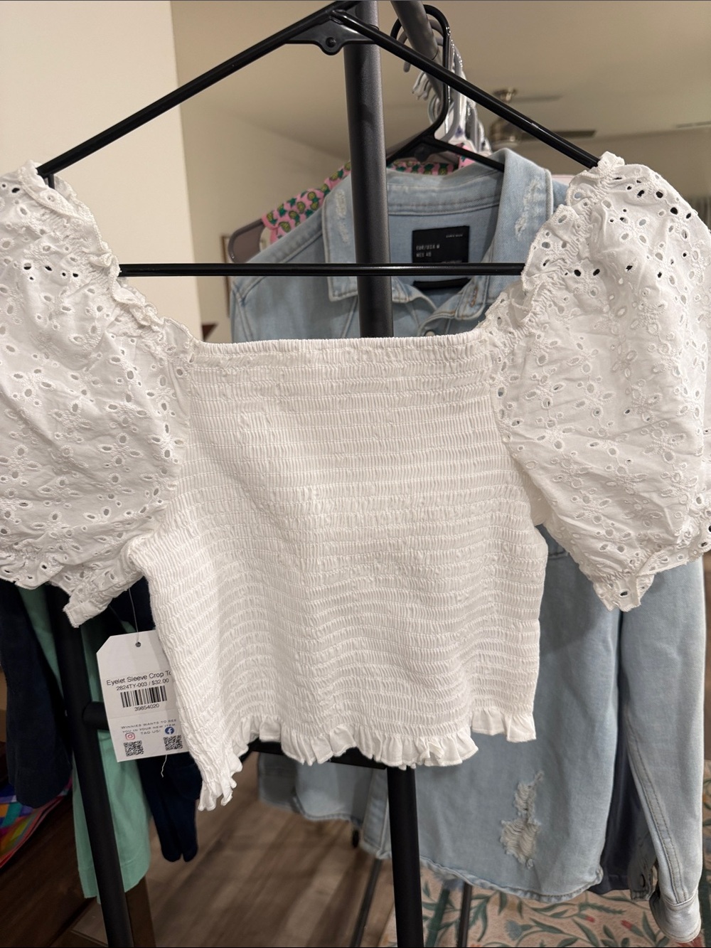 Love Tree White Smocked Eyelet Puff-Sleeve Crop Top